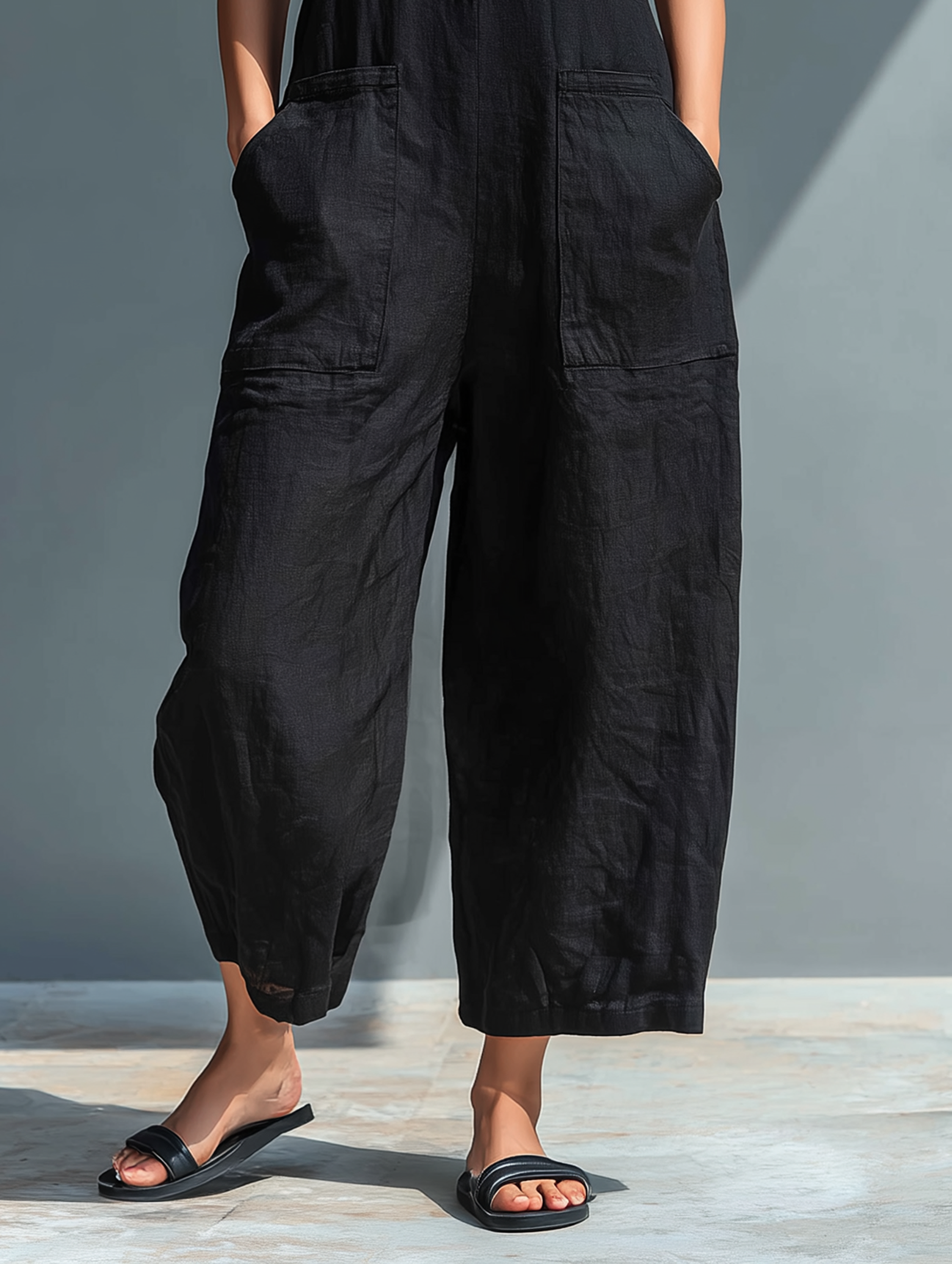 Leinenmischung Button-up Stehkragen ärmelloser Jumpsuit