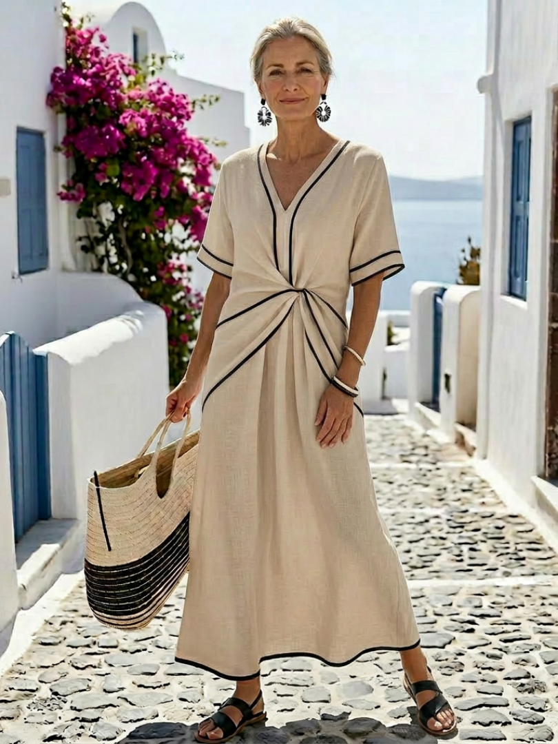 Linnea | V-Ausschnitt Kurzärmeliges Midikleid mit geraffter Taille