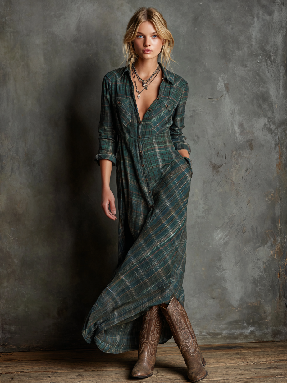 Damen Kariertes Revers Einreihiges Hemd Maxikleid