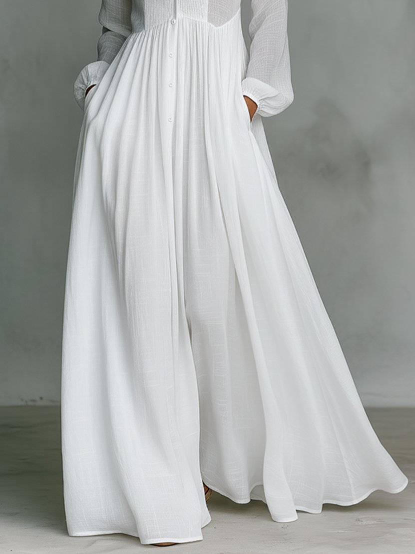 Einreihiges langärmeliges Maxikleid aus Baumwolle und Leinen mit Patchwork