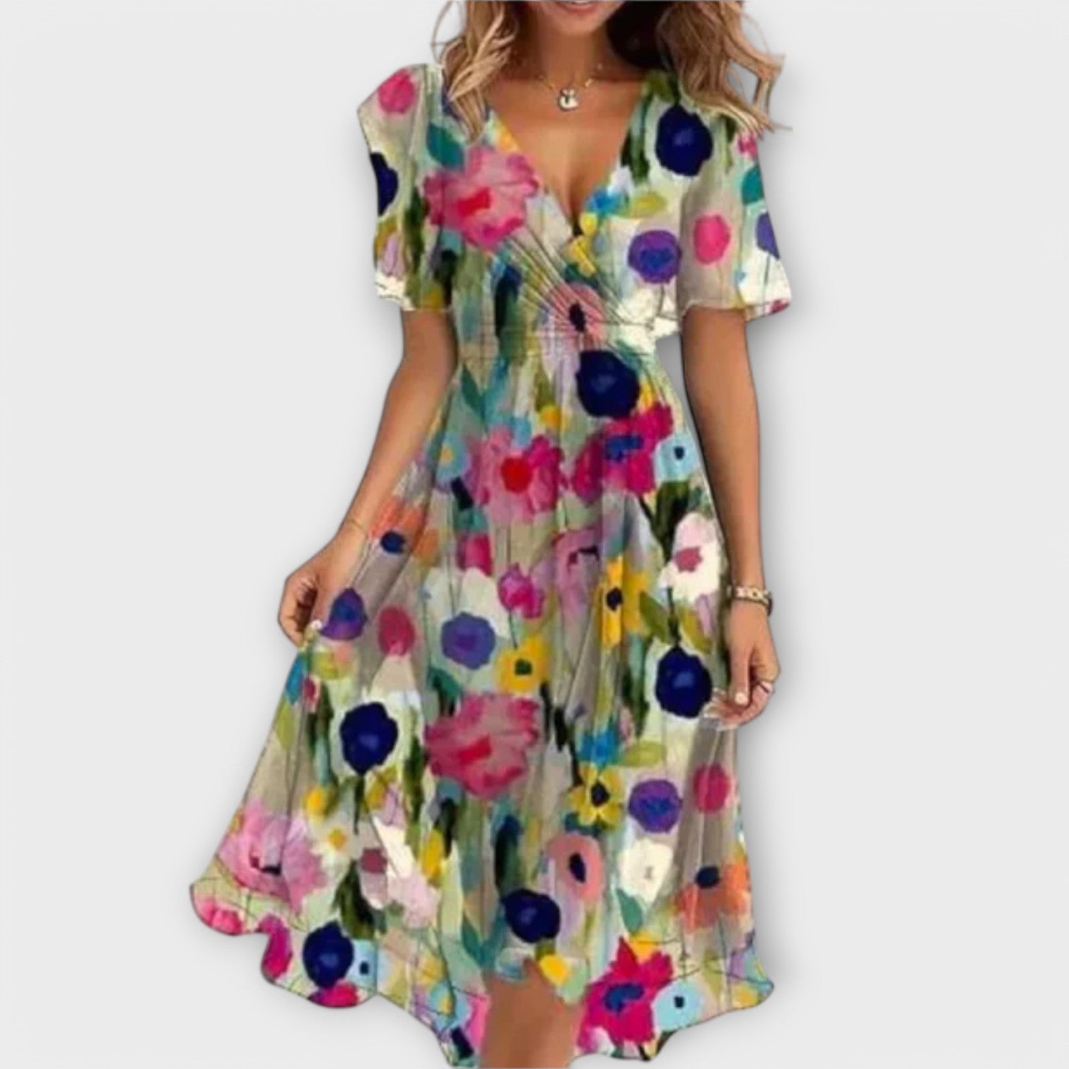 Isolde - Geblümtes Midikleid mit V-Ausschnitt und Wickelung