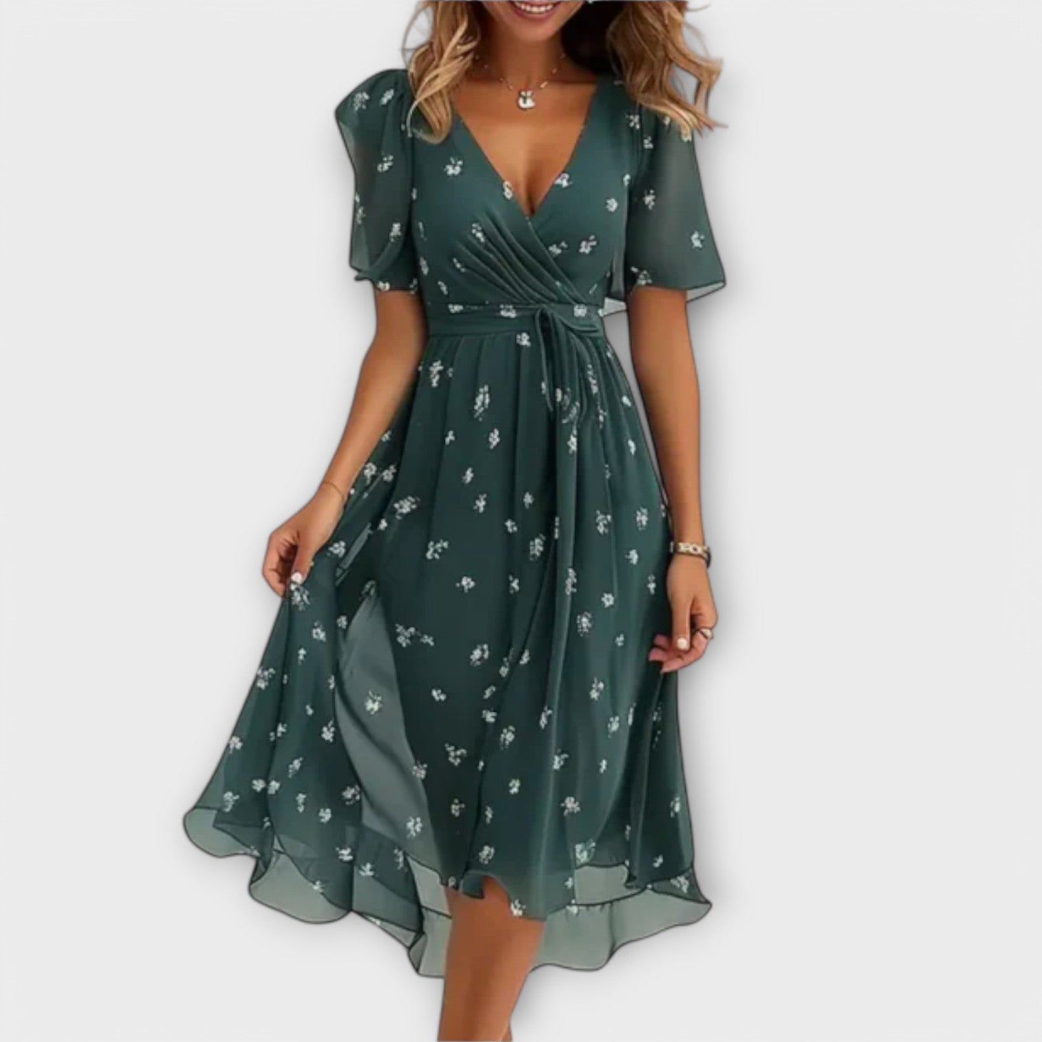 Isolde - Geblümtes Midikleid mit V-Ausschnitt und Wickelung