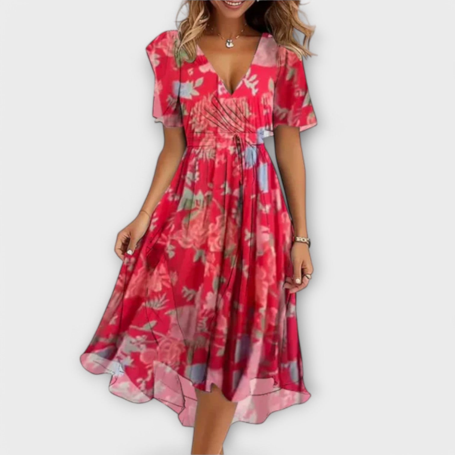 Isolde - Geblümtes Midikleid mit V-Ausschnitt und Wickelung