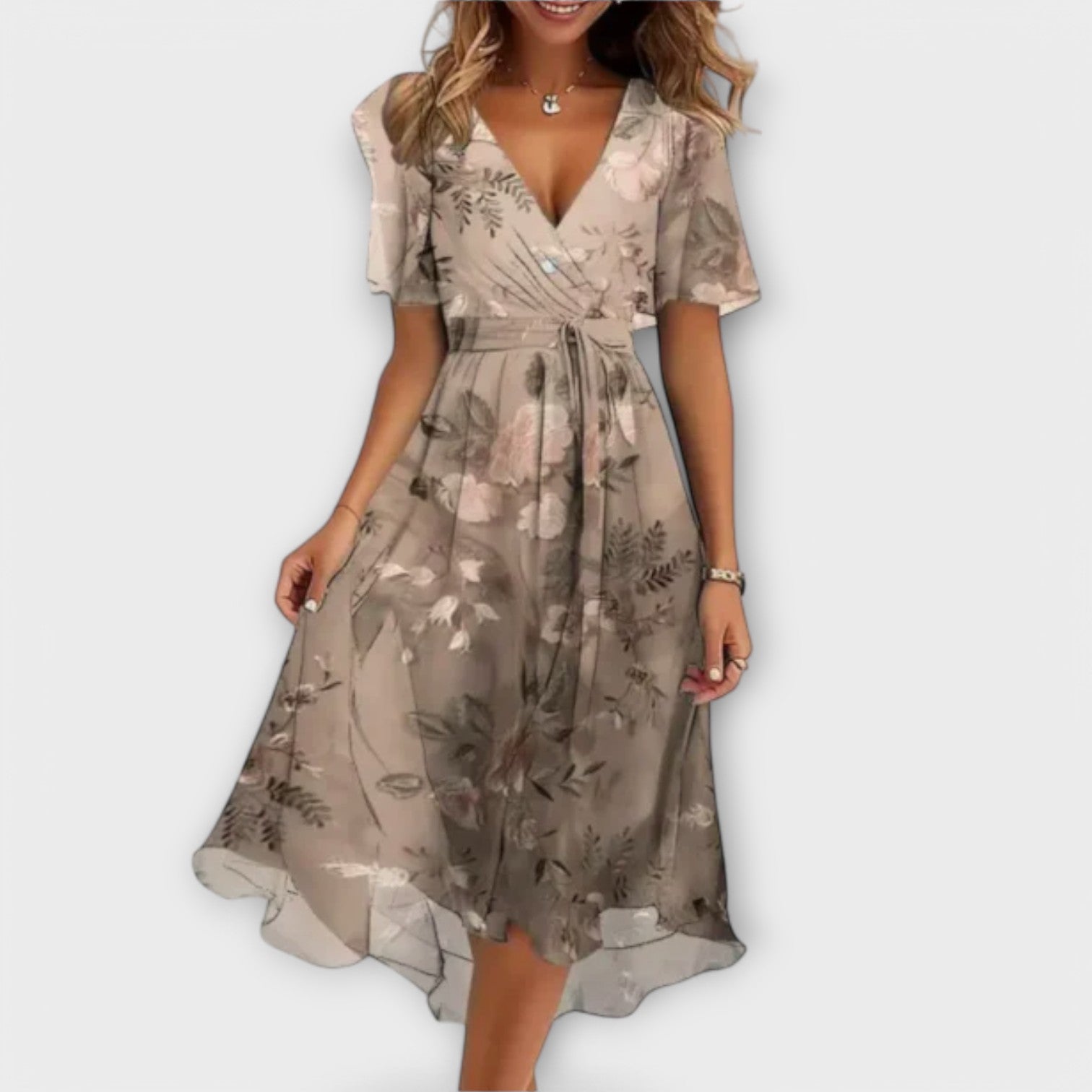 Isolde - Geblümtes Midikleid mit V-Ausschnitt und Wickelung
