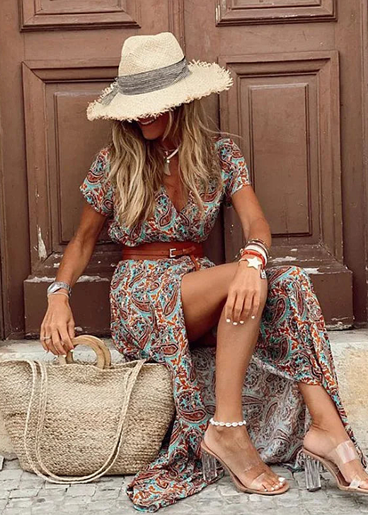 Justine™ - Langes fließendes Bohemian-Kleid mit Gürtel