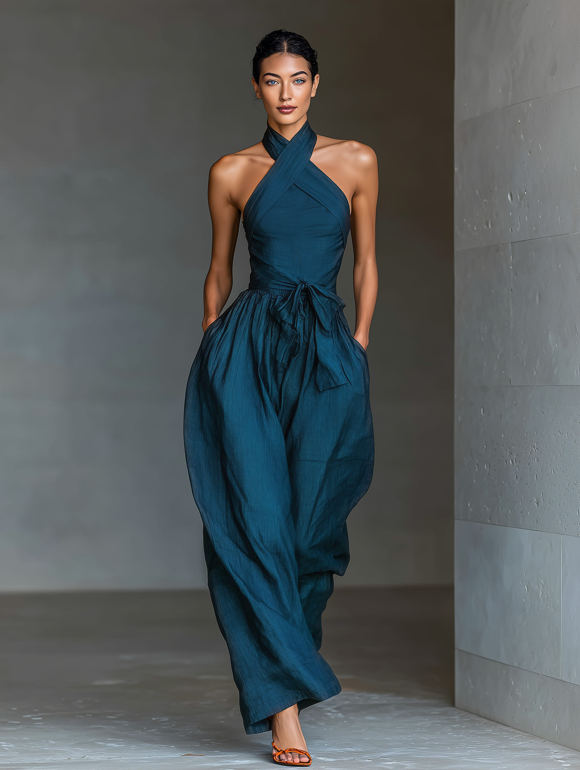 Leinen Stoff Kreuz Halter Weites-Bein Jumpsuit mit Krawatte Taille & Seitentaschen